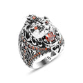 Anillo de cabeza de león salvaje con piedra preciosa rubí de plata