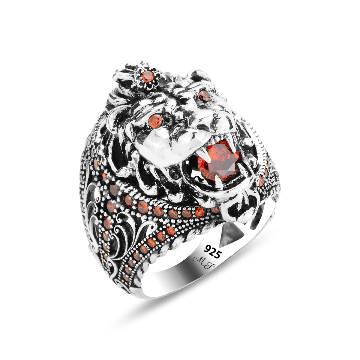 Anillo de cabeza de león salvaje con piedra preciosa rubí de plata