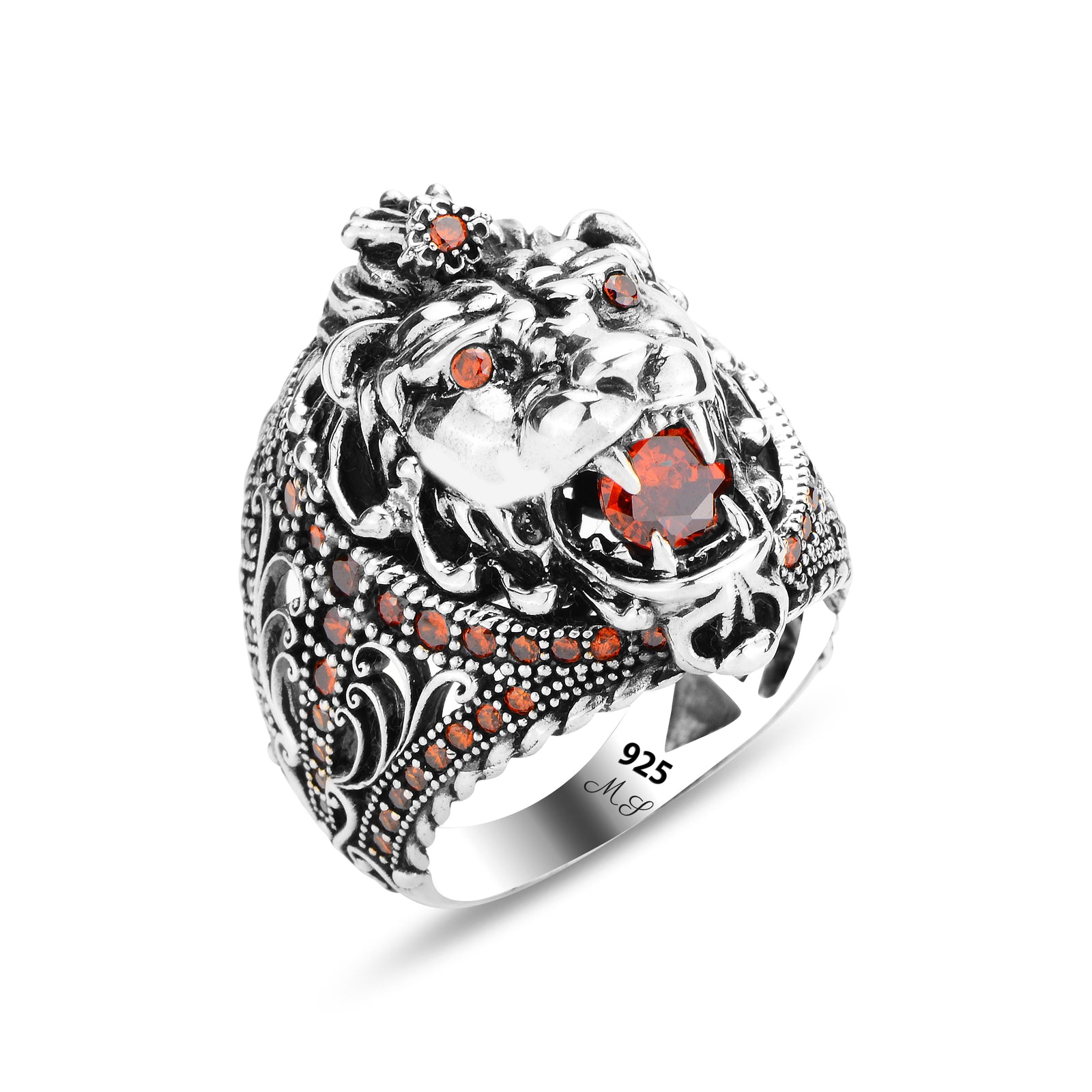 Anillo de cabeza de león salvaje con piedra preciosa rubí de plata