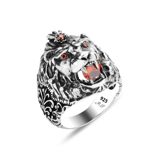 Silver Handmade Ruby Stone Wild Leon Head Ring