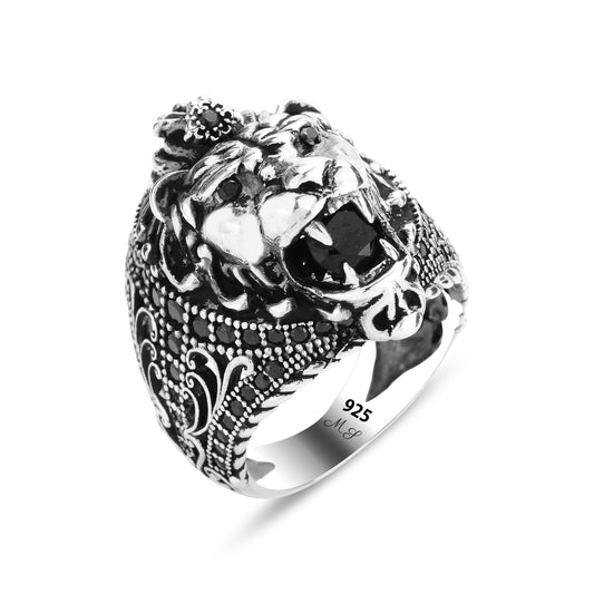 Silver Black Stone Leon Head Animal Ring