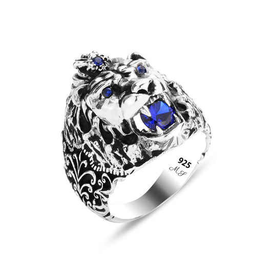 Men Silver Sapphire Stone Leon Head Ring