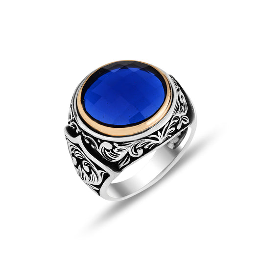 Silver Round Sapphire Stone Engraved Ring