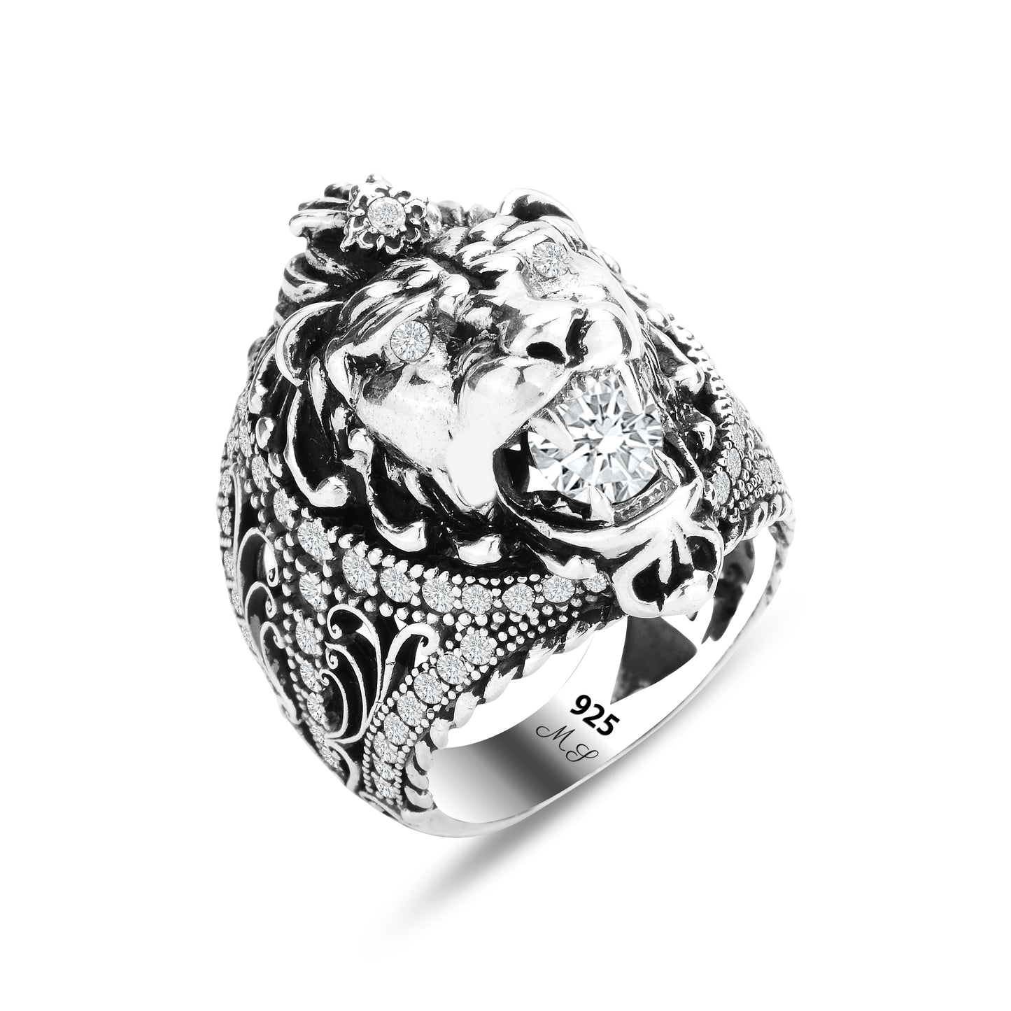 Men Silver Moissanite Stone Leon Head Ring