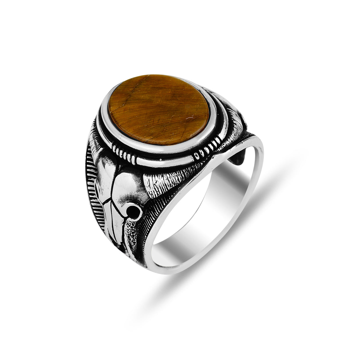 Anillo de hombre modelo toro con piedra de ojo de tigre plateado