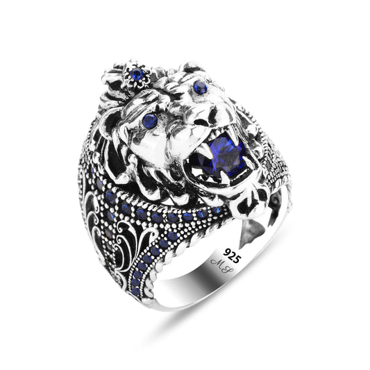 Men Silver Sapphire Stone Leon Head Animal Ring