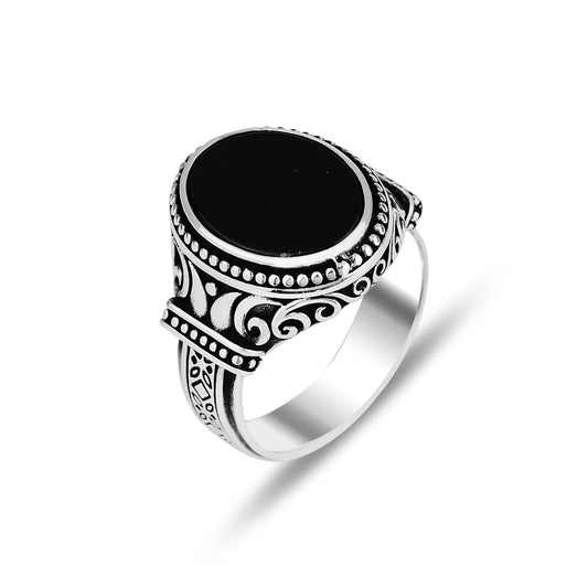 Men Minimal Oval Onyx Stone Engraved Ring