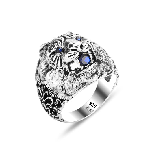 Men Silver Sapphire Stone Tiger Head Ring