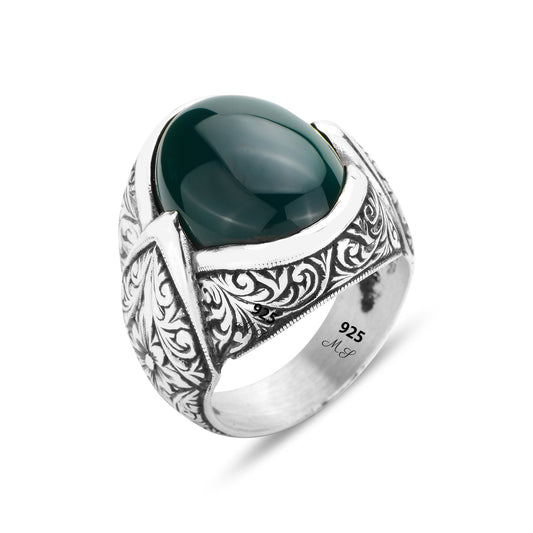 Men Silver Engraved Green Agate Ring