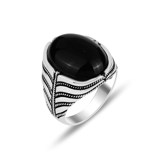 Silver Oval Gemstone Natural Black Onyx Stone Ring