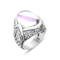 Anillo de plata con piedra lunar natural grabada para hombre