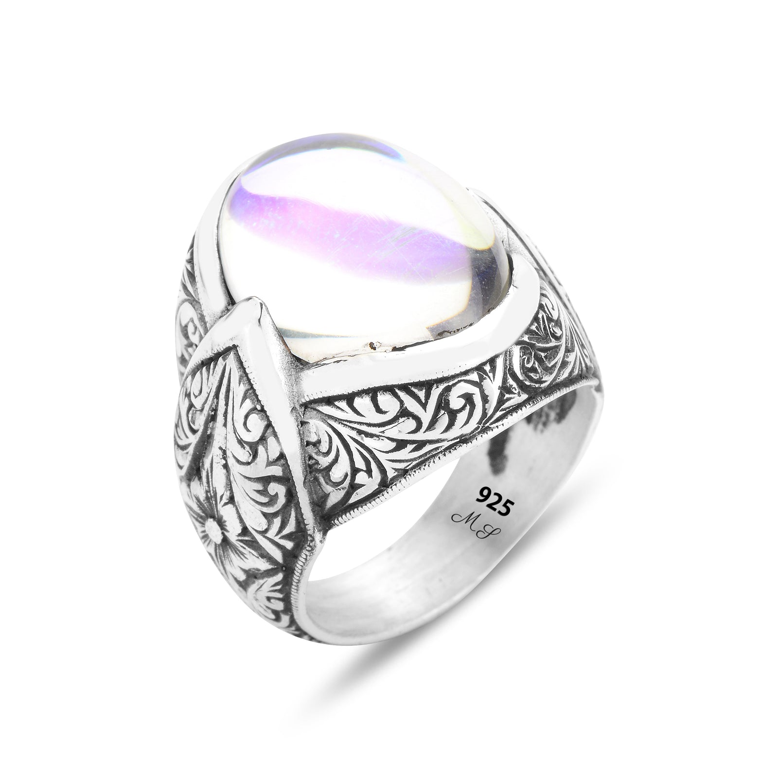 Anillo de plata con piedra lunar natural grabada para hombre