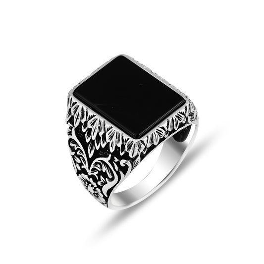 Men Silver Engraved Natural Onyx Gemstone Ring