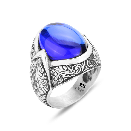 Men Silver Engraved Sapphire Gemstone Ottoman Style Ring