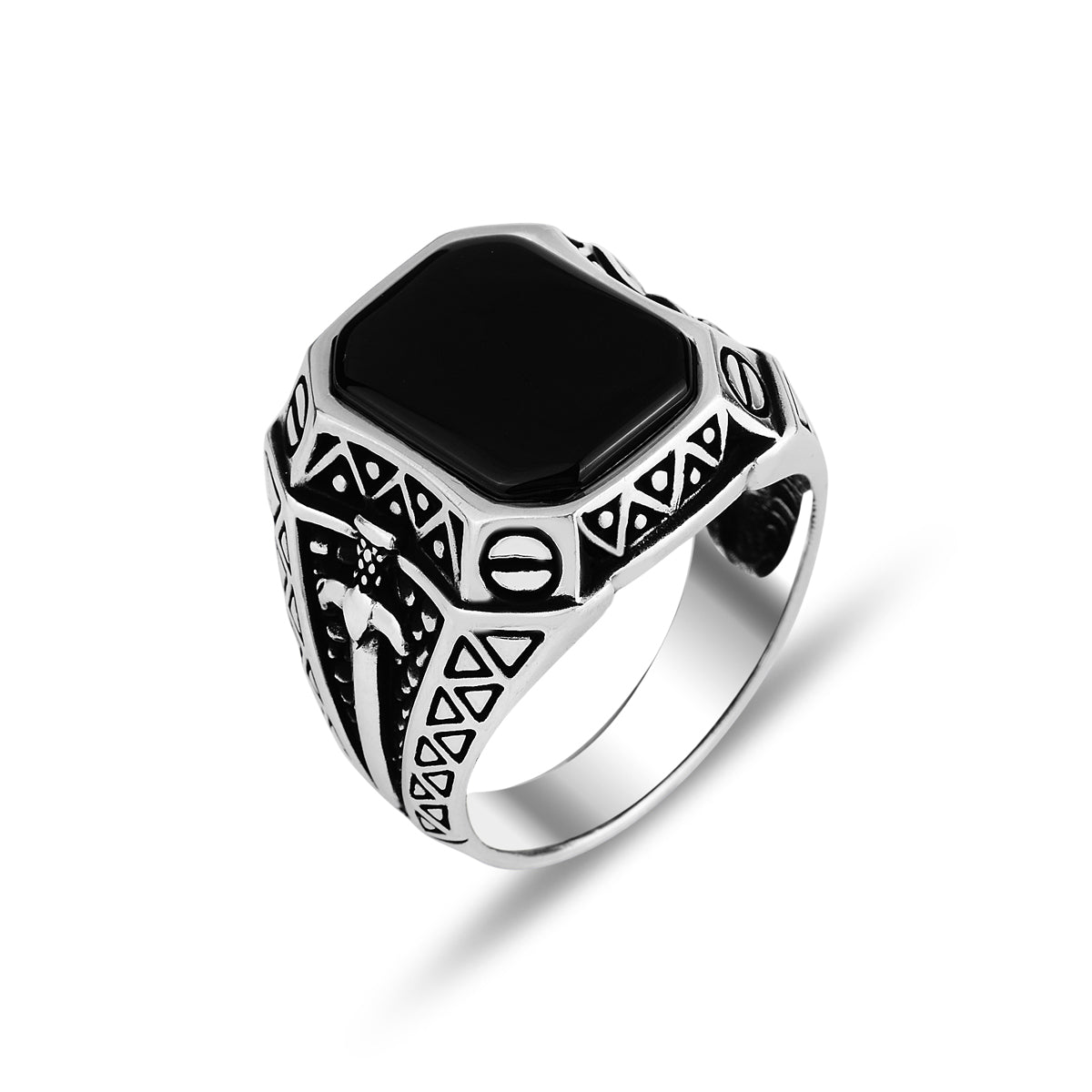 Silberner handgefertigter Schwert-Onyx-Edelsteinring
