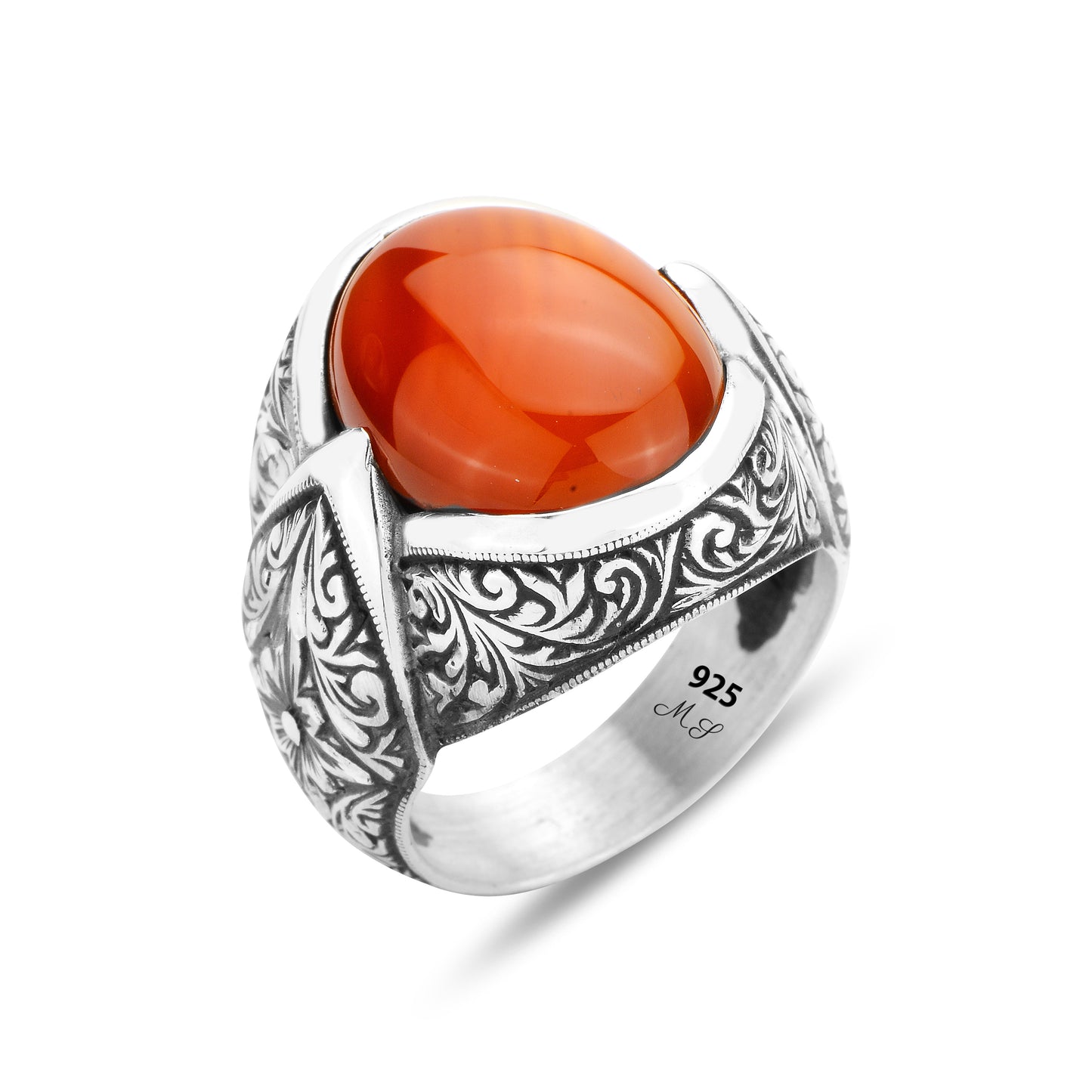 Men Silver Natural Red Agate Aqeeq Gemstone Ring