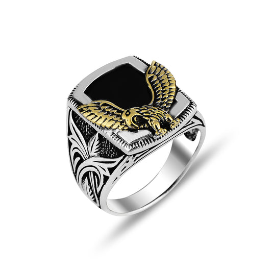 Silver Eagle Model Onyx Gemstone Ring