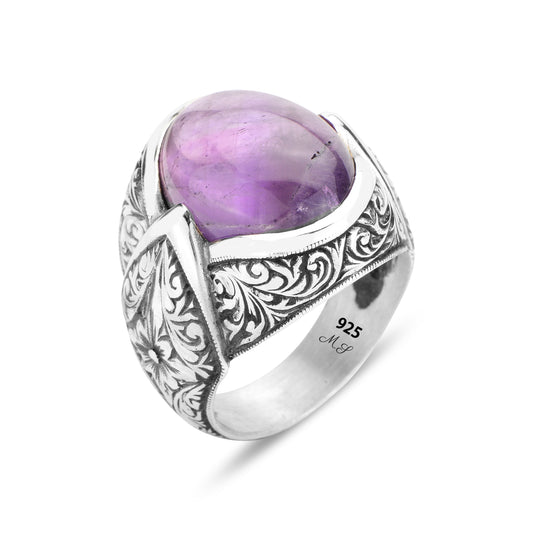 Men Silver Natural Amethyst Gemstone Engraved Ring