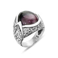 Men Silver Natural Tourmaline Gemstone Engraved Ring