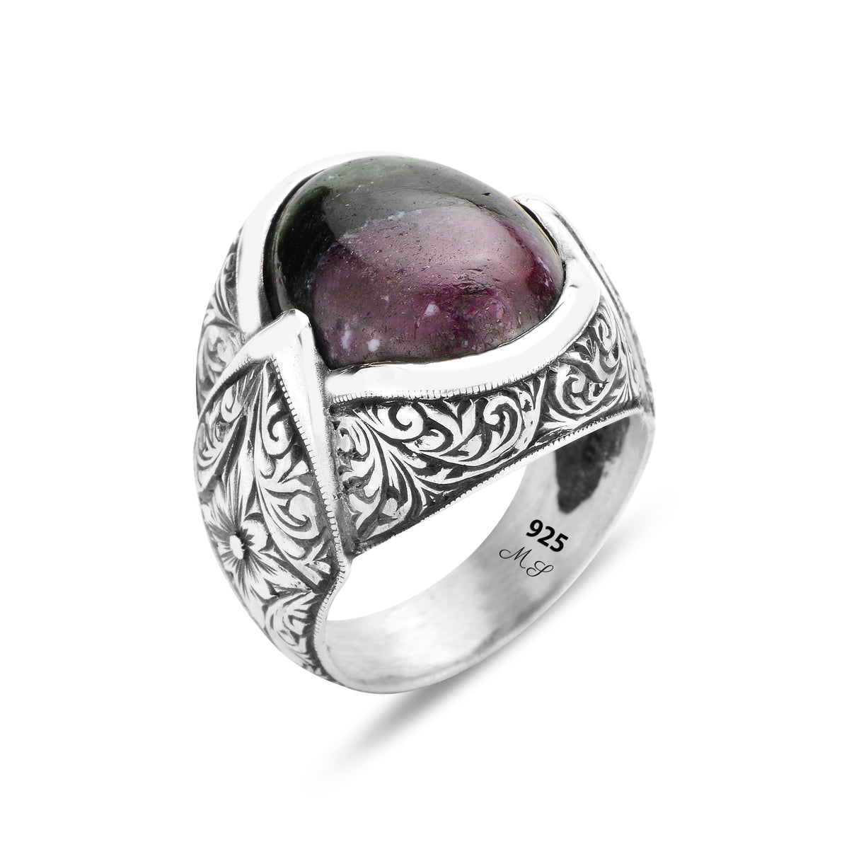 Men Silver Natural Tourmaline Gemstone Engraved Ring