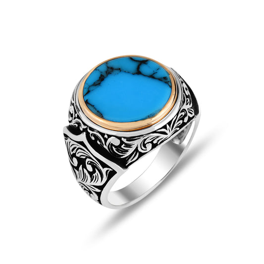 Silver Handmade Engraved Round Turquoise Stone Ring