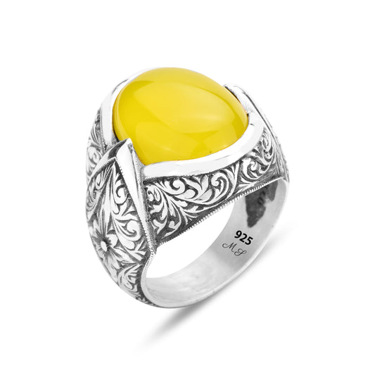 Men Silver Engraved Natural Yellow Agate Ring