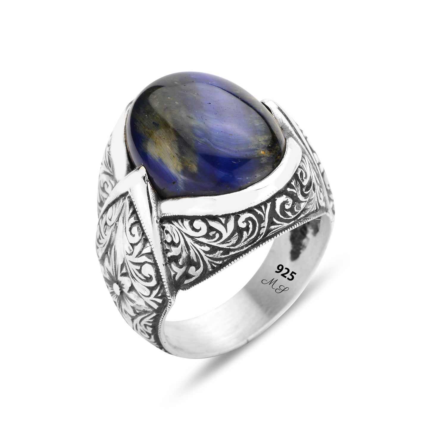 Men Silver Handmade Blue Tiger Eye Gemstone Ring