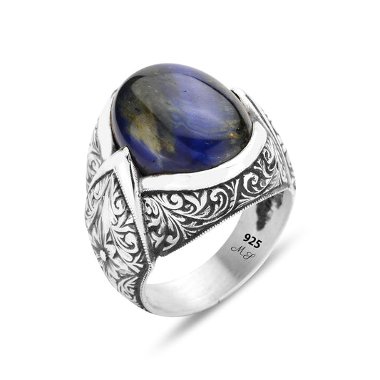 Men Silver Handmade Blue Tiger Eye Gemstone Ring