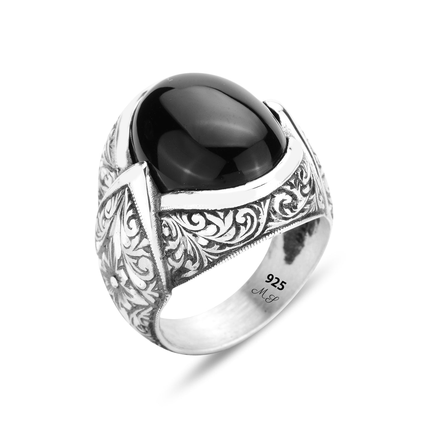 Men Silver Engraved Black Onyx Gemstone Handmade Ring