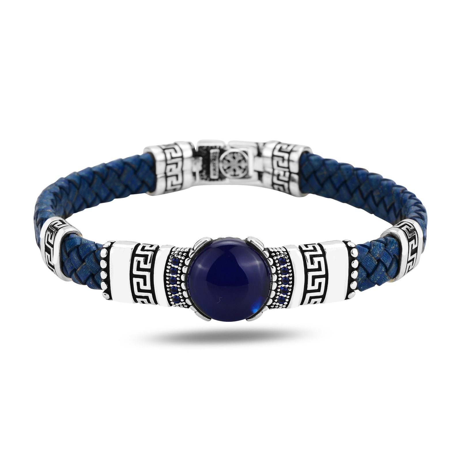 Herrenarmband aus Silber, Saphir und blauem Leder