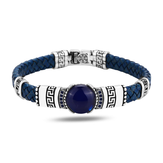 Men Silver Sapphire Stone Blue Leather Bracelet