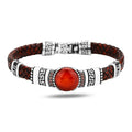 Pulsera de cuero rojo con piedras preciosas de rubí y coral para hombre