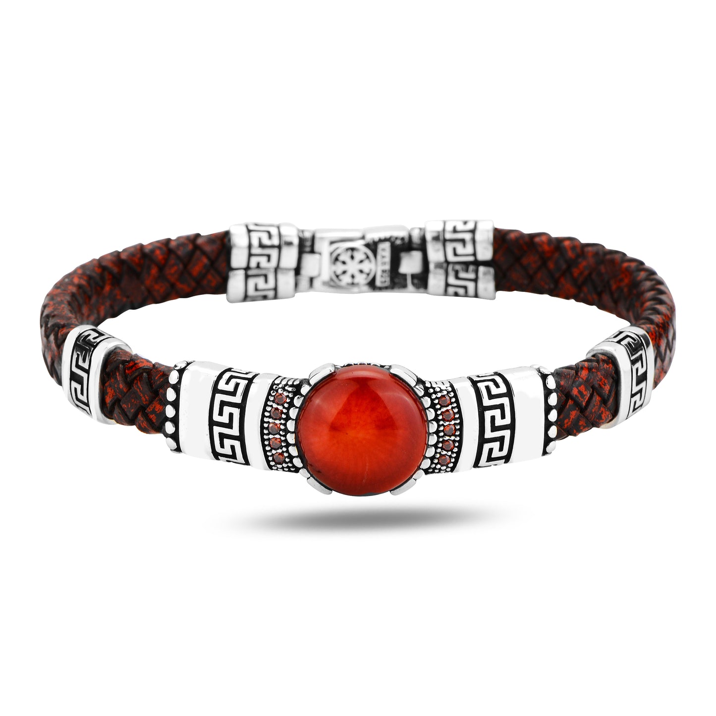 Men Silver Ruby And Coral Gemstone Red Leather Bracelet