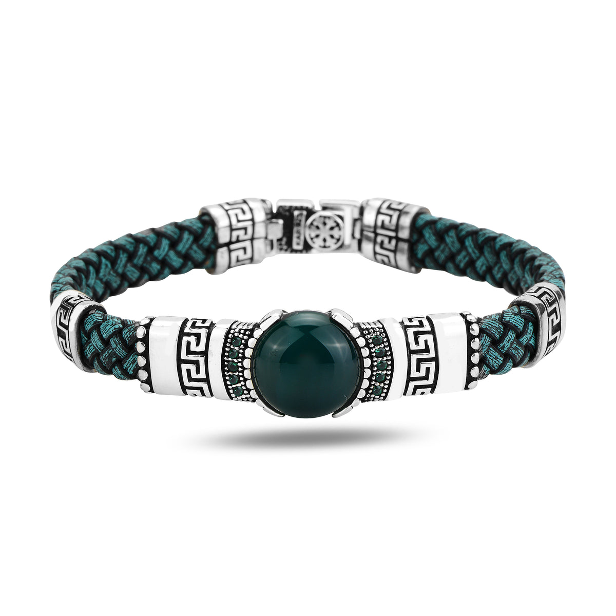 Men Silver Green Emerald Leather Bracelet