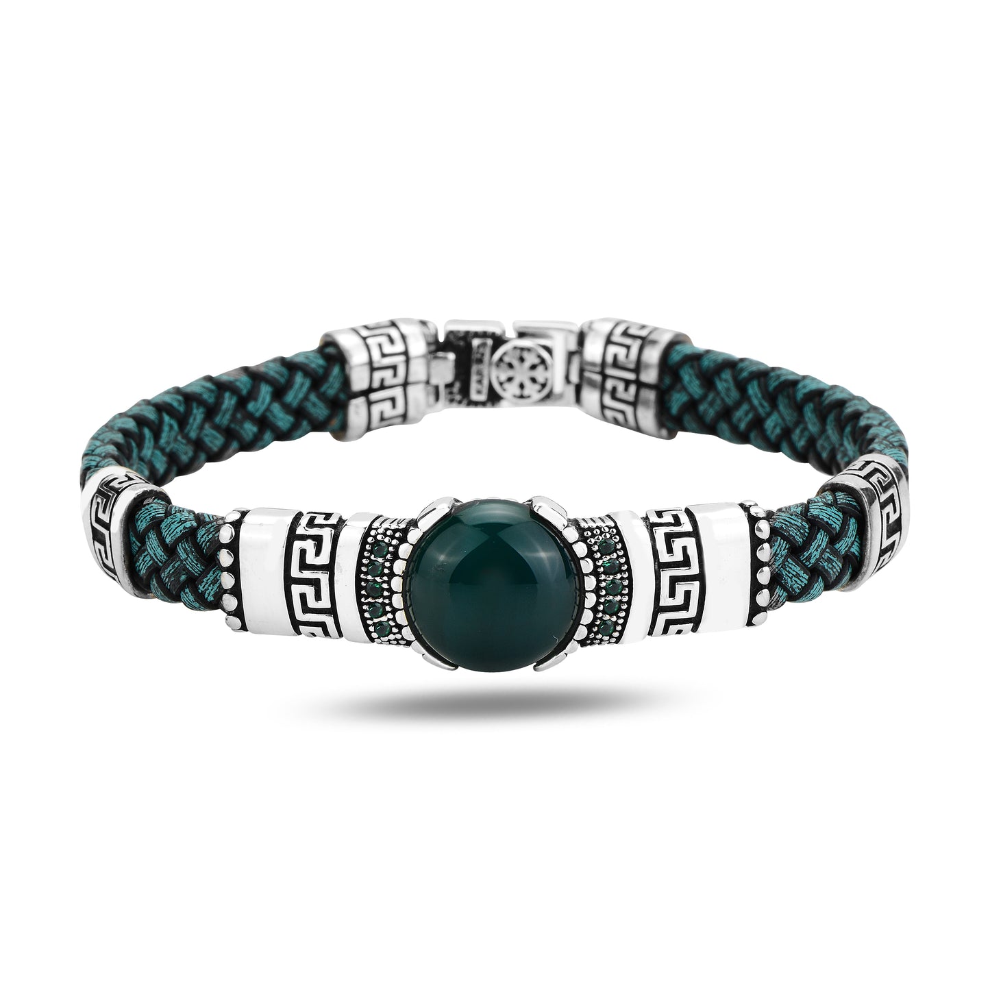 Men Silver Green Emerald Leather Bracelet