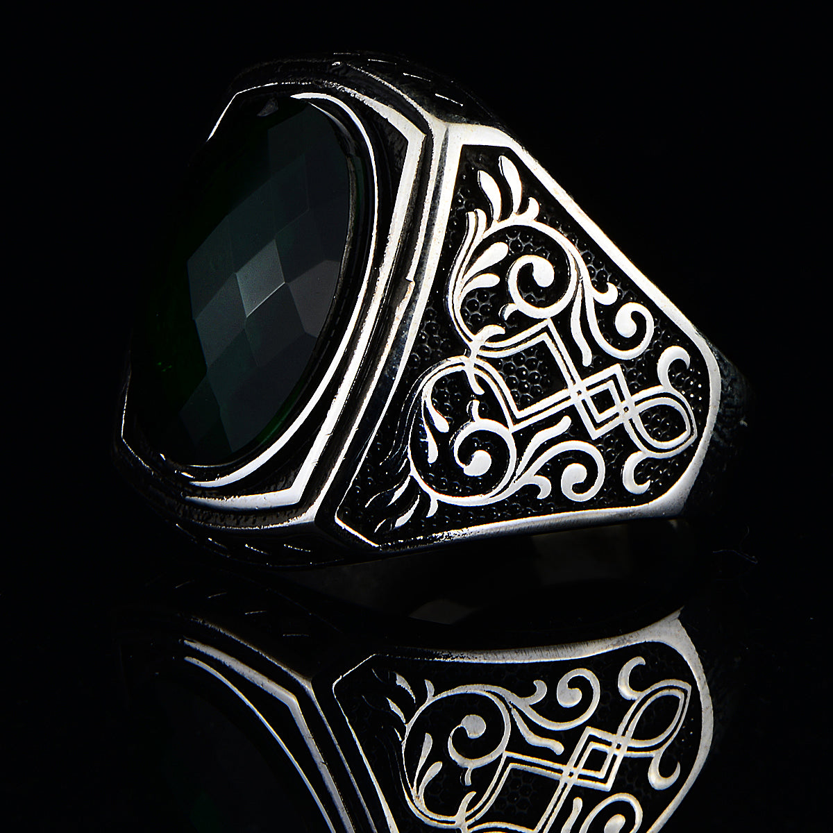 Silver Handmade Green Emerald Stone Ottoman Style Ring