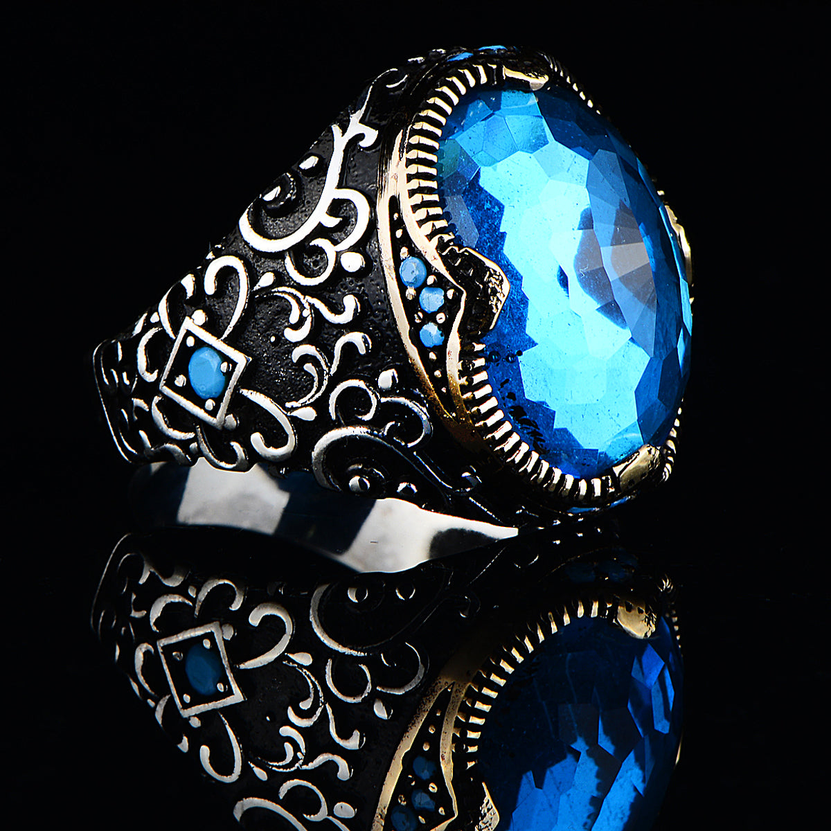 Silberner handgefertigter Aquamarin-Steinring im osmanischen Stil
