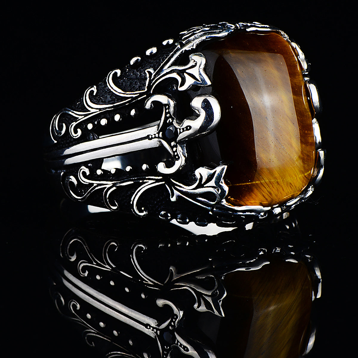 Silver Sword Model Tiger Eye Stone Ring
