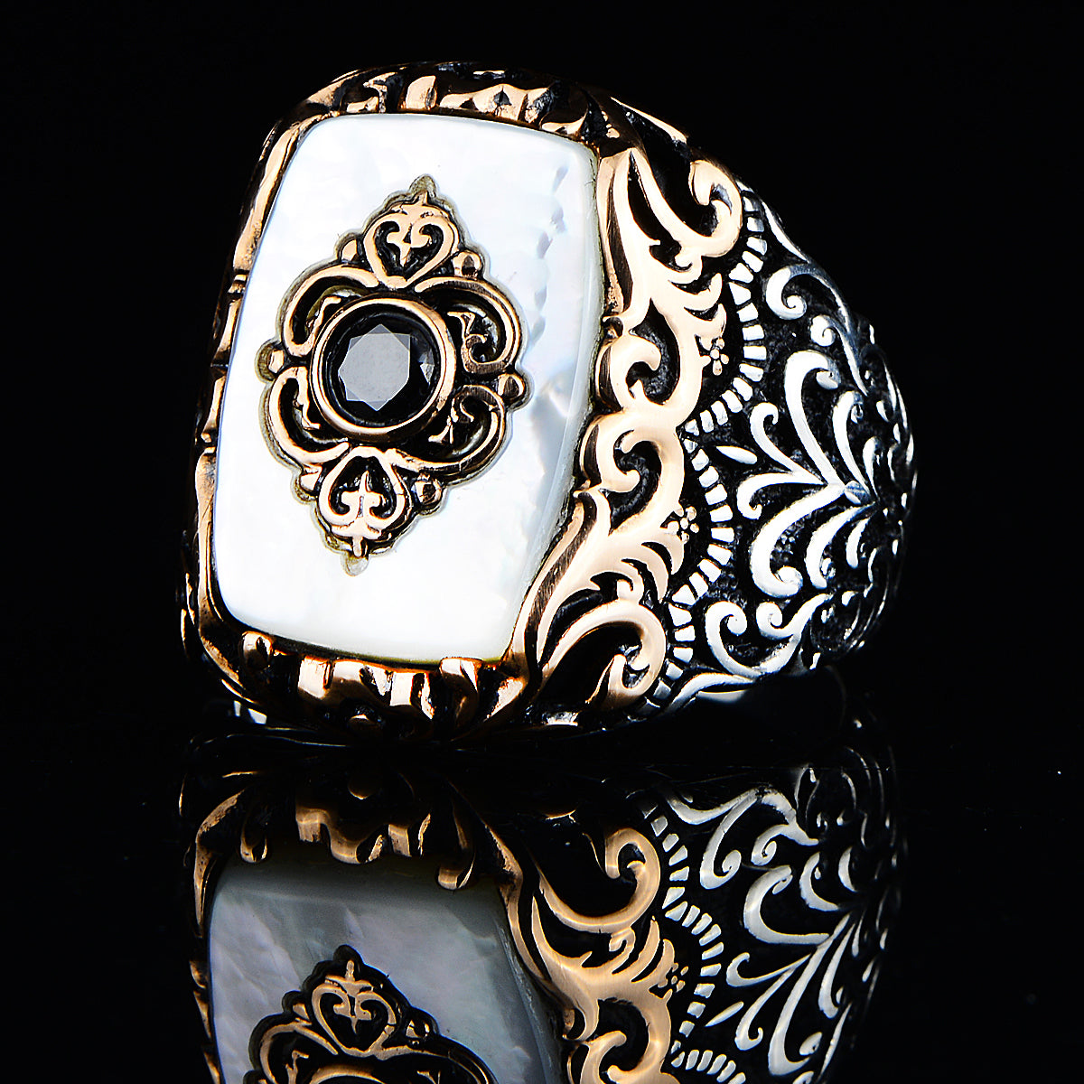 Silver Ottoman Style Mother Of Pearl Men Ring