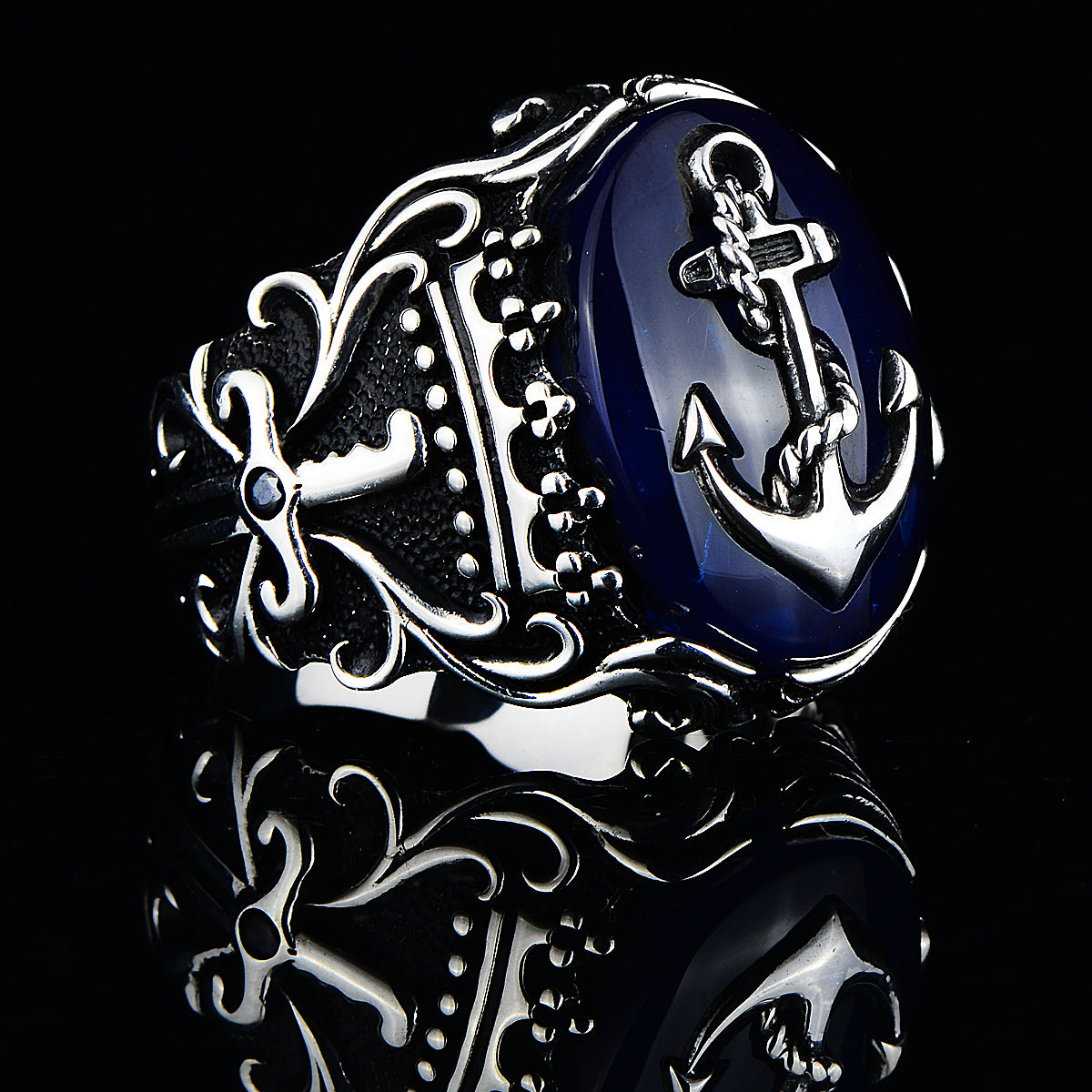 Silver Blue Agate Stone Anchor Ring