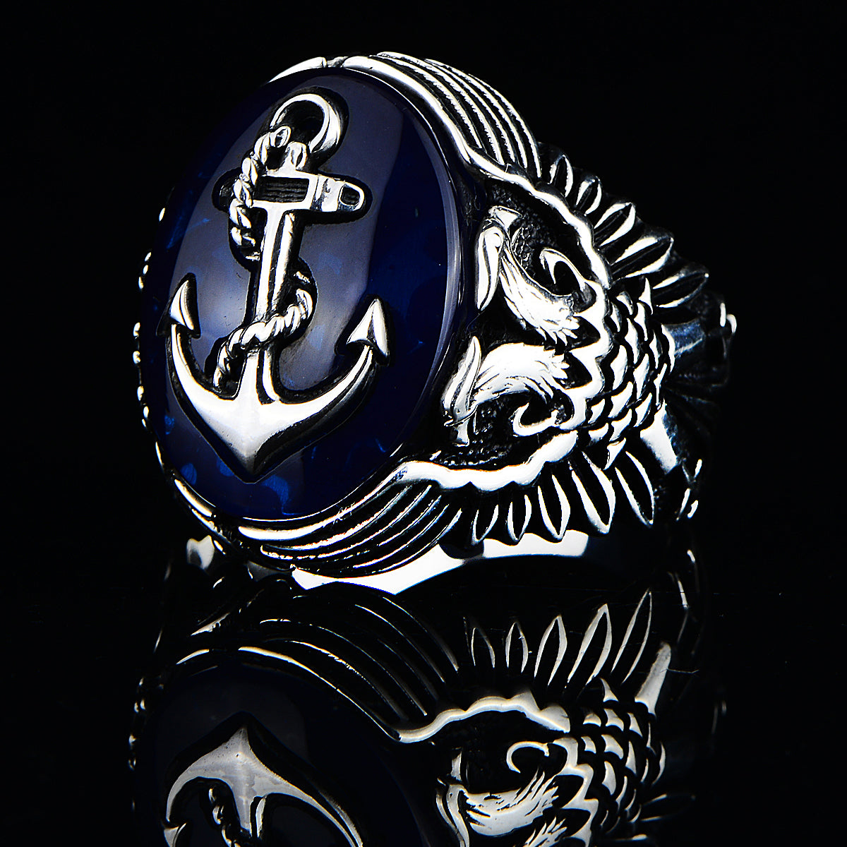 Silver Blue Agate Stone Anchor Ring