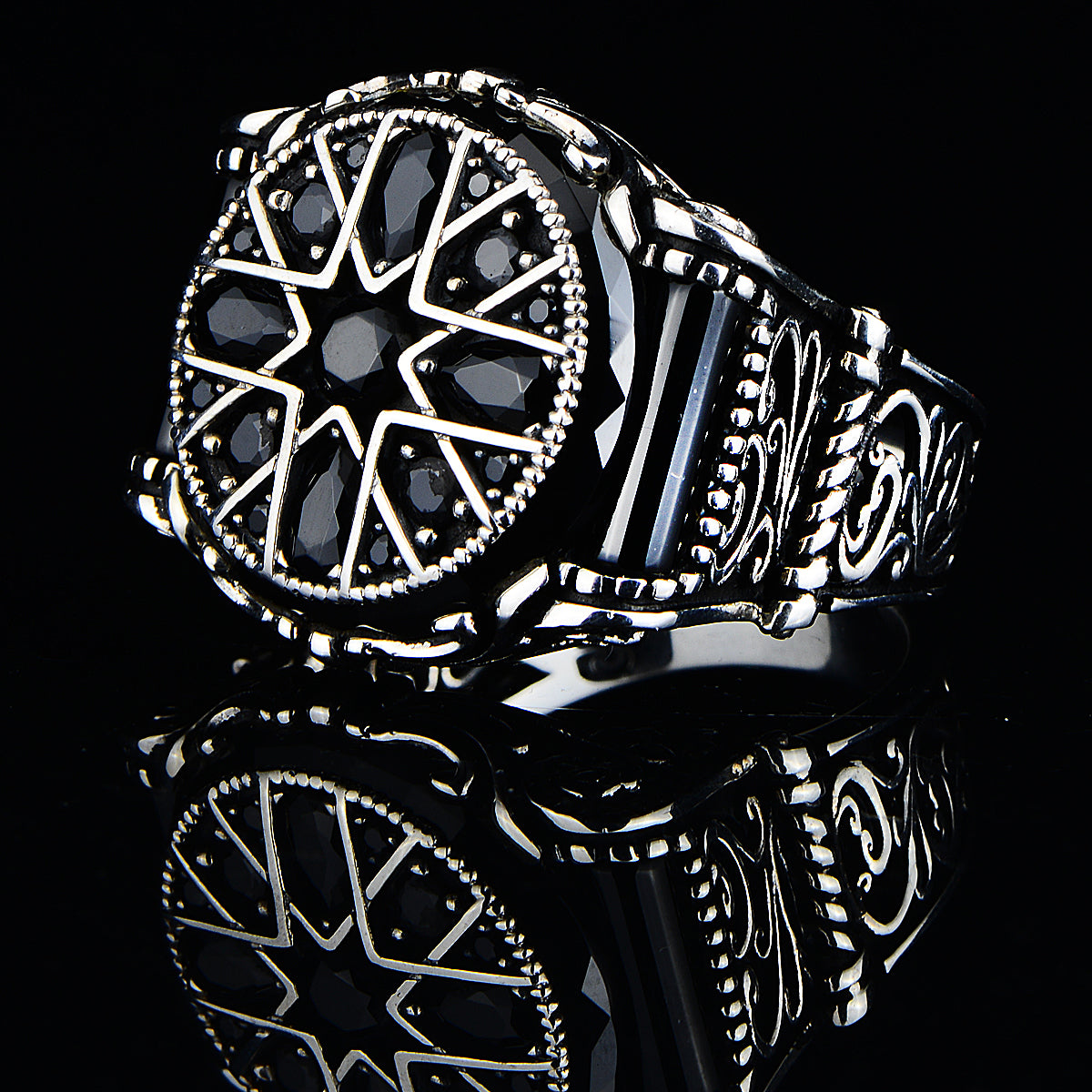 Men Silver Ottoman Style Black Zircon Stone Ring