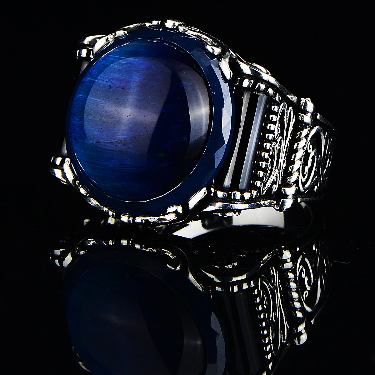 Men Silver Round Blue Tiger Eye Ring