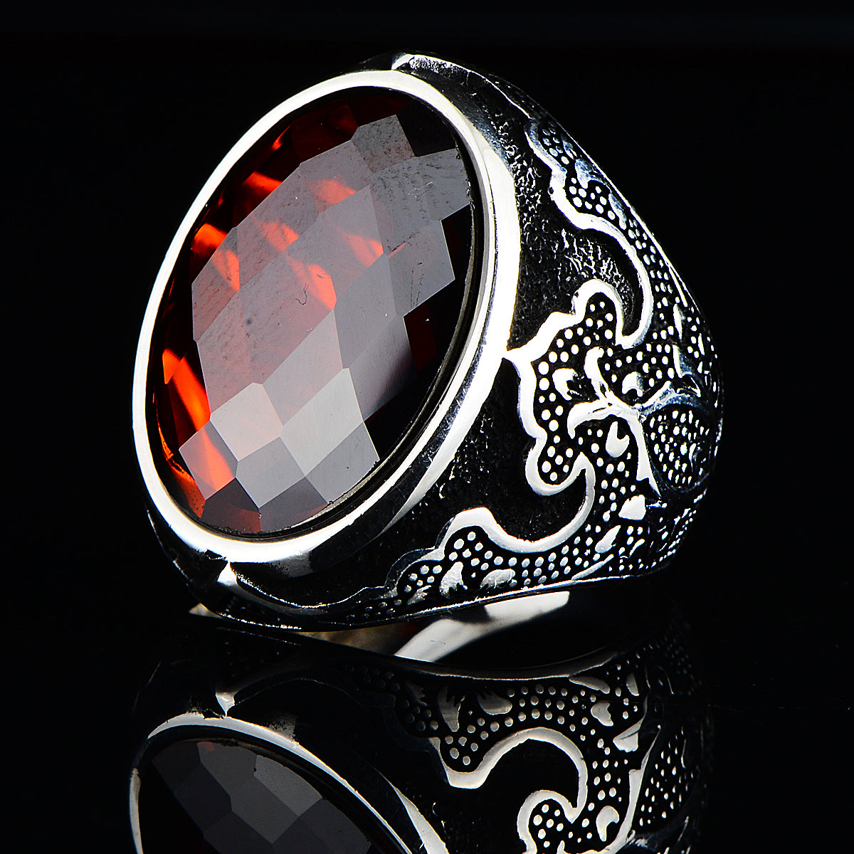 Silver Engraved Ruby Garnet Stone Ring