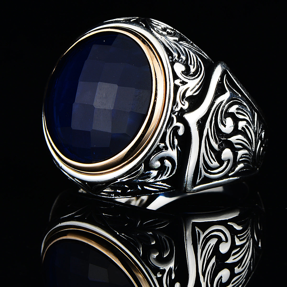 Silver Round Sapphire Stone Engraved Ring