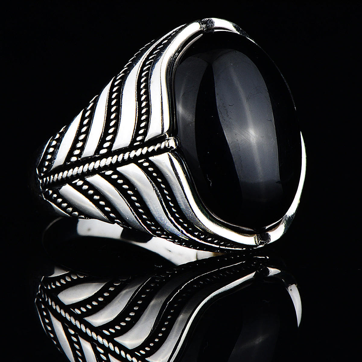 Silver Oval Gemstone Natural Black Onyx Stone Ring