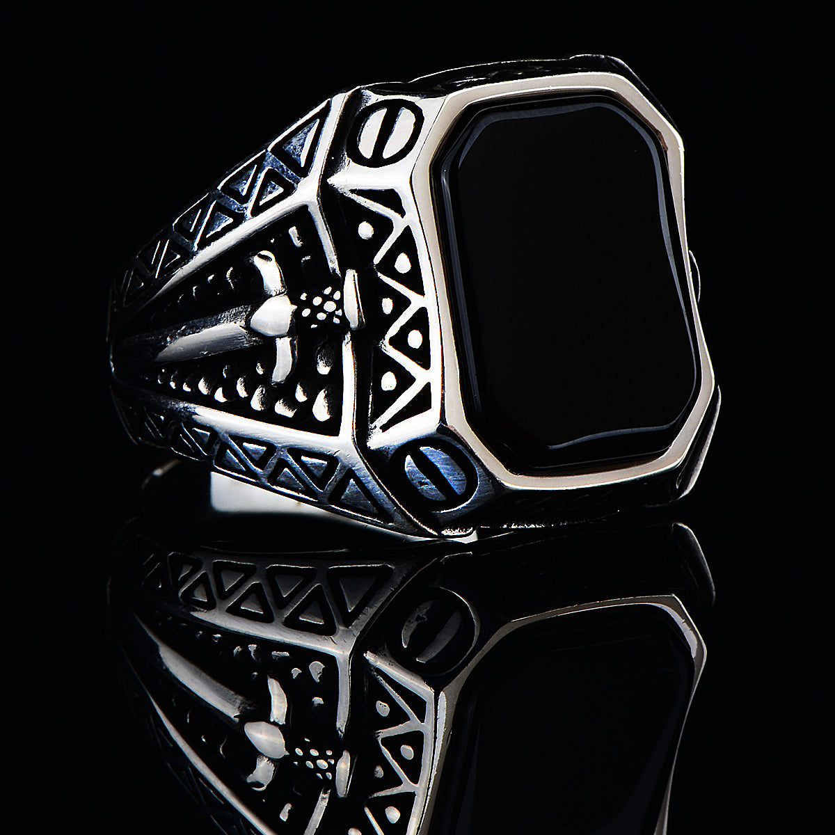 Silver Handmade Sword Onyx Gemstone Ring