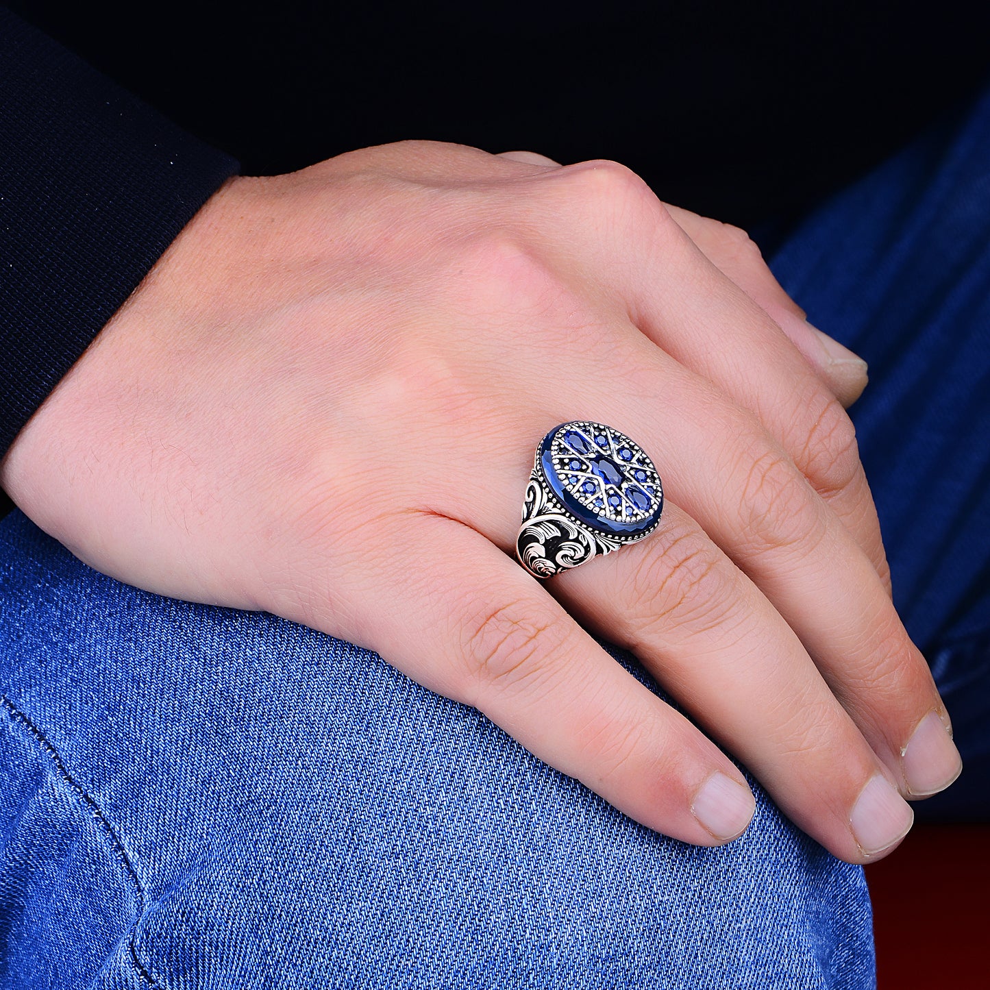 Mens 925k Sterling Silver Blue Sapphire Stone Men Ring