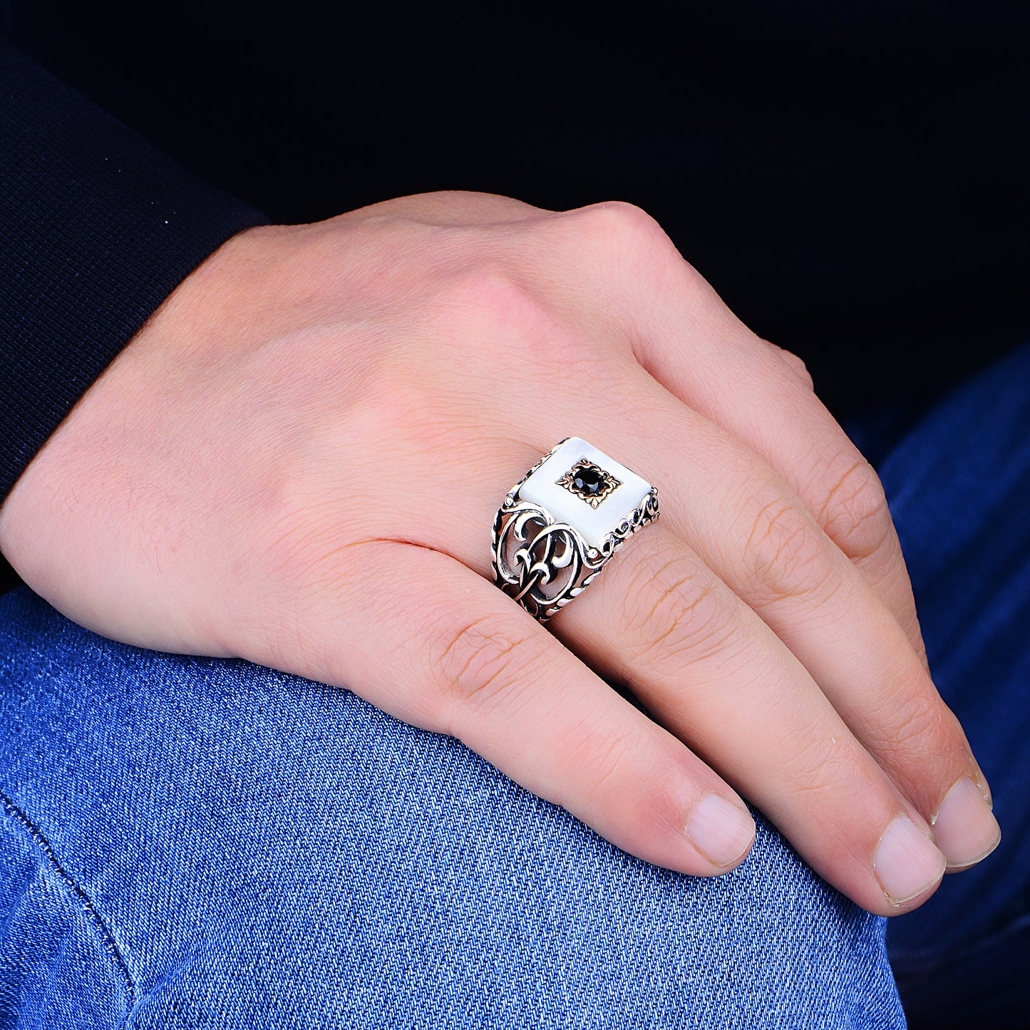 Men Silver Square Mother of Pearl Ring