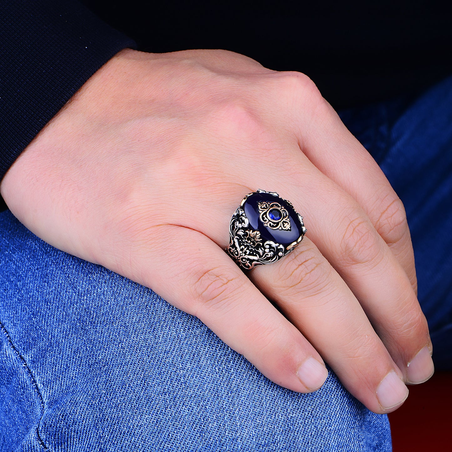 Men Handmade Blue Gemstone Sapphire Stone Silver Ring